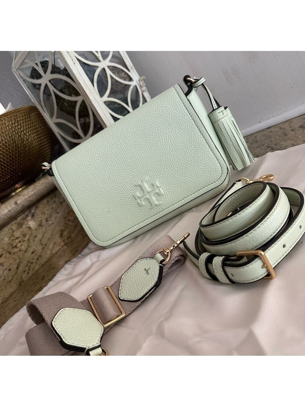 New Tory Burch Thea web flap green mist double straps - Picture 4 of 10